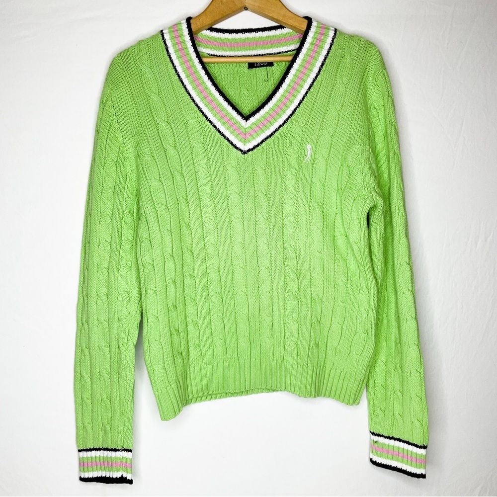 VINTAGE Preppy Lime Green Cable-Knit V-Neck Sweater with Striped Trim
